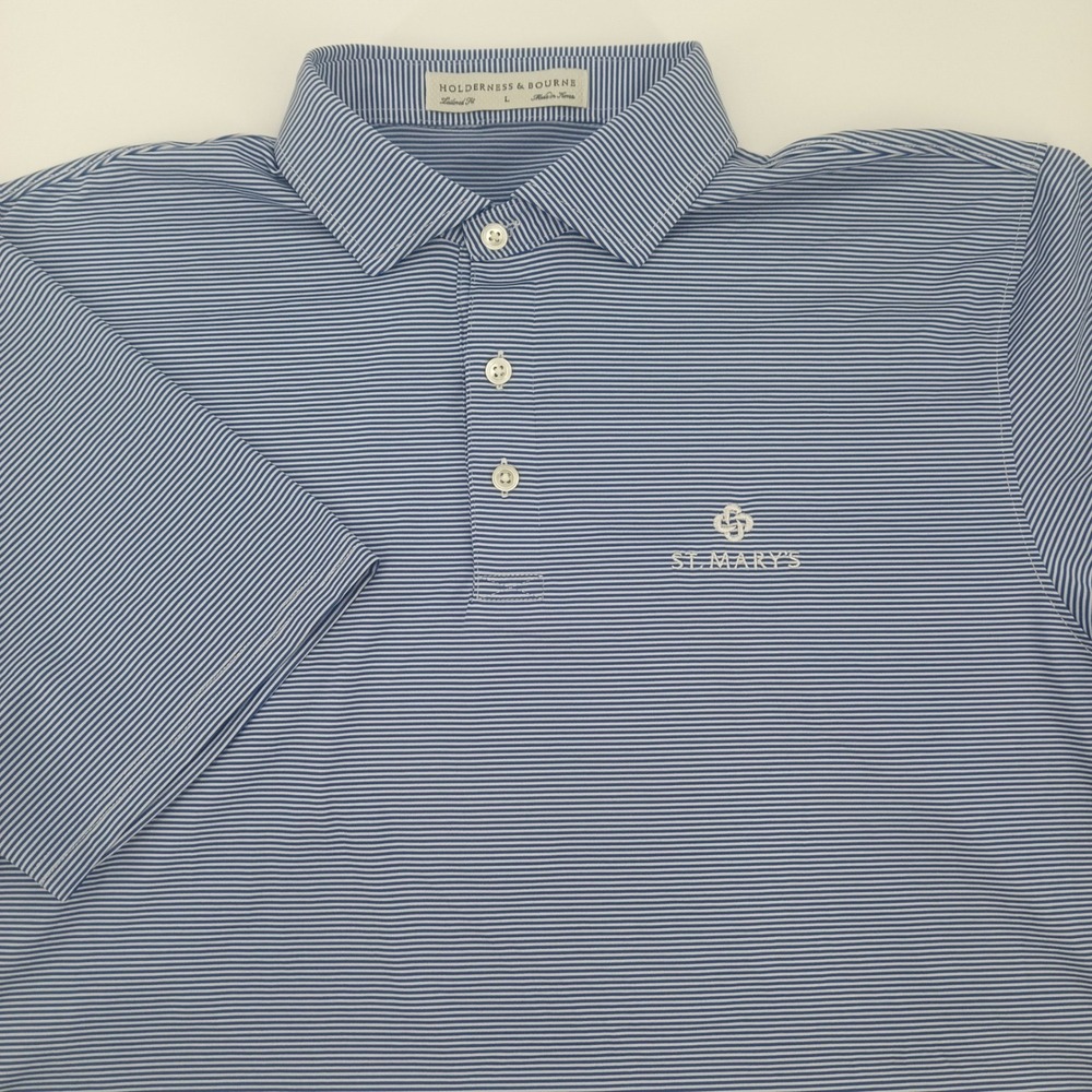 Holderness & Bourne Mens L Blue White Striped St Marys Tailored Fit Golf Polo